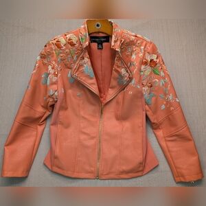 Colleen Lopez Embroidered Peach Coral Faux Leather Jacket Small